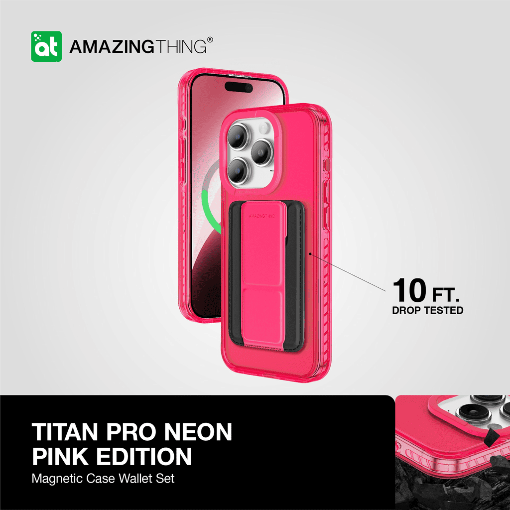 Pink phone case with 'Amazing Thing' branding on a gray background