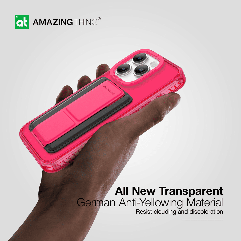 Pink phone case with black accents held by a hand, featuring the 'Amazing Thing' brand on a light gray background.
