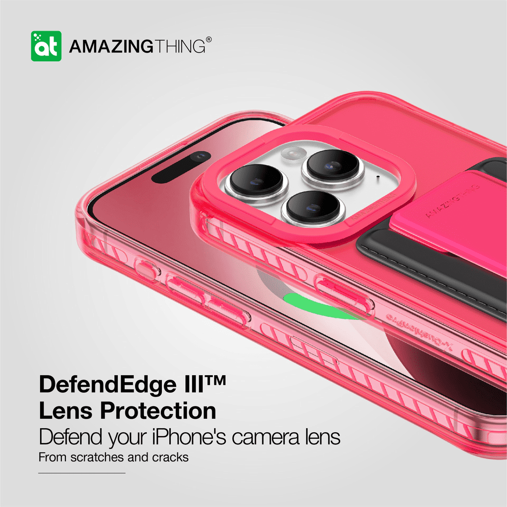 Pink phone case with camera lens protection on a light gray background, featuring the Amazing Thing brand.