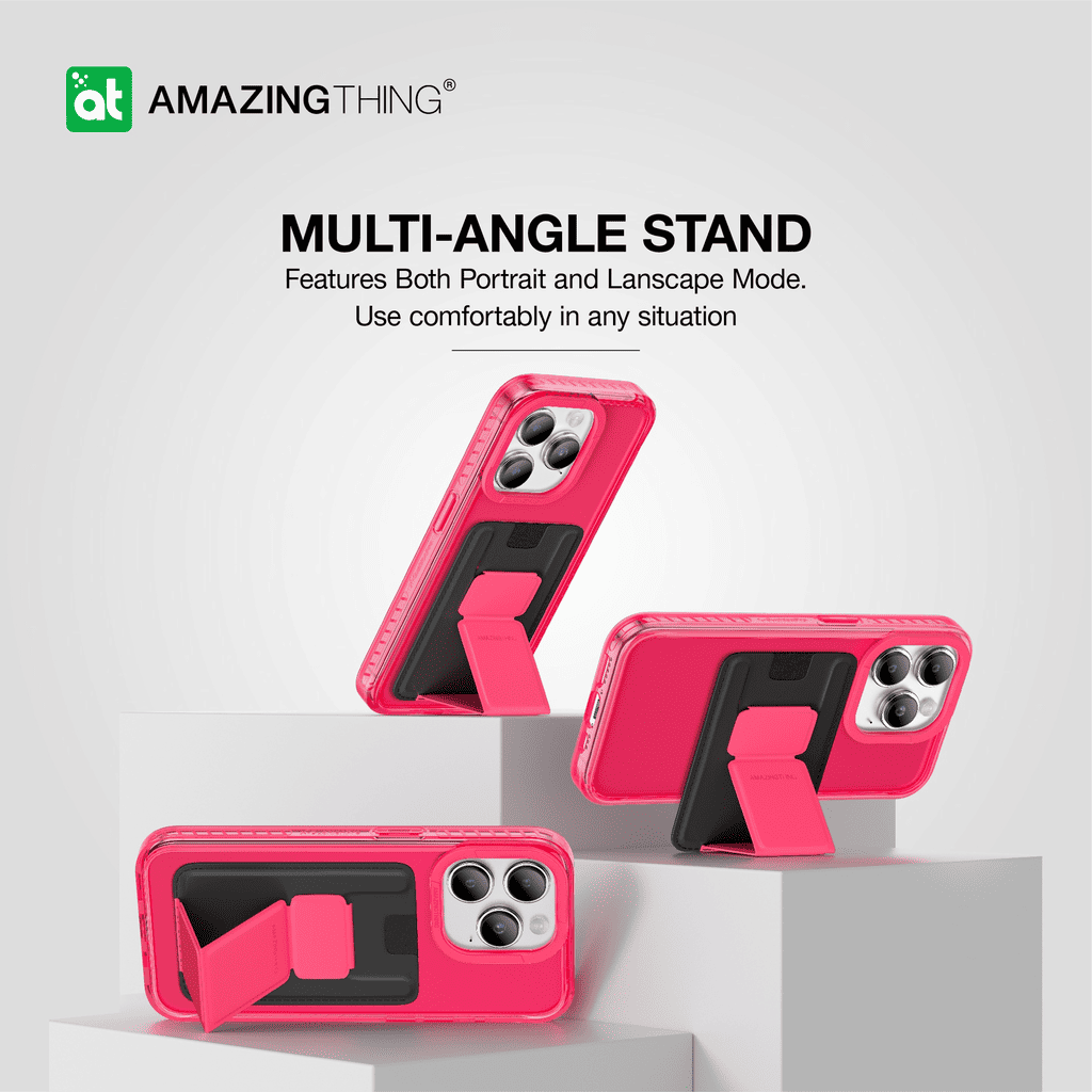 Pink phone case with multi-angle stand feature on a gray background
