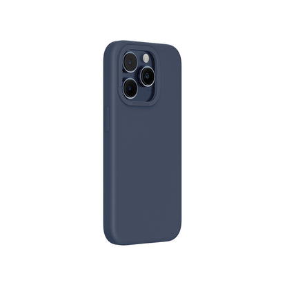 A blue silicone phone case for iPhone 15 Pro with MagSafe compatibility, designed for drop protection.