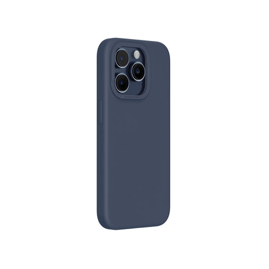 A blue silicone phone case for iPhone 15 Pro Max with MagSafe compatibility, designed to provide drop protection.
