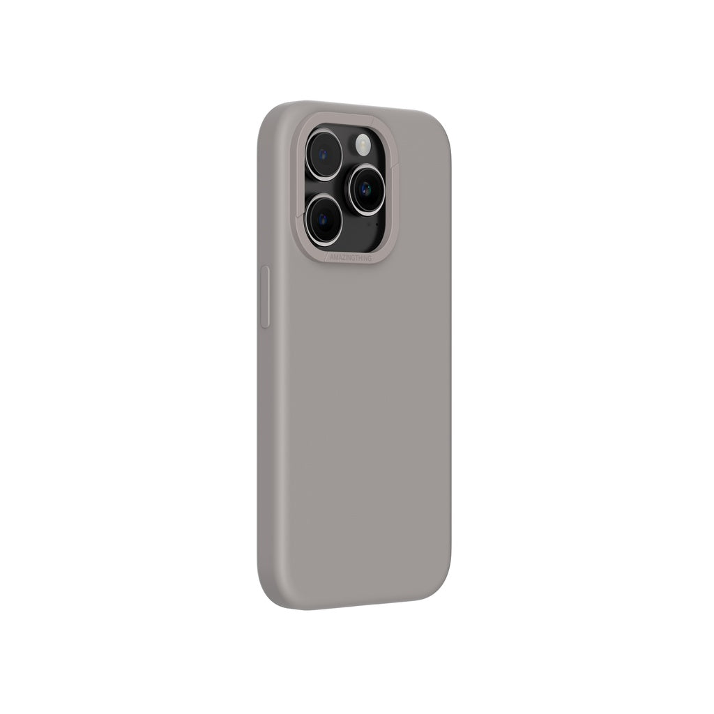 A grey silicone phone case for iPhone 15 Pro with MagSafe compatibility, designed for drop protection.
