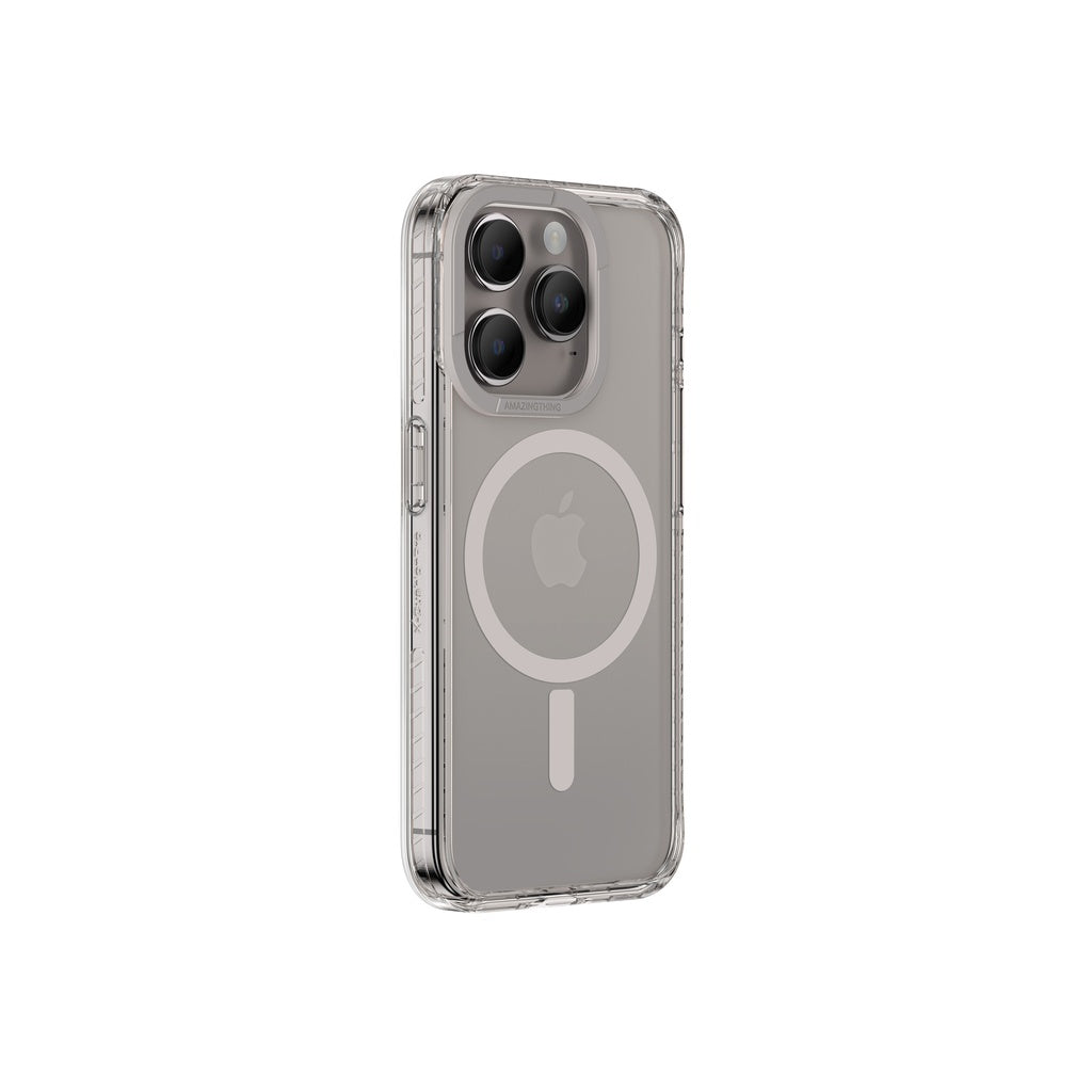 Grey MagSafe compatible plastic case for iPhone 15 Pro with integrated magnets, featuring a visible camera and button protection.