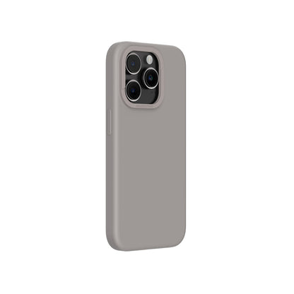 A grey silicone phone case for iPhone 15 Pro Max with MagSafe compatibility, designed for drop protection.