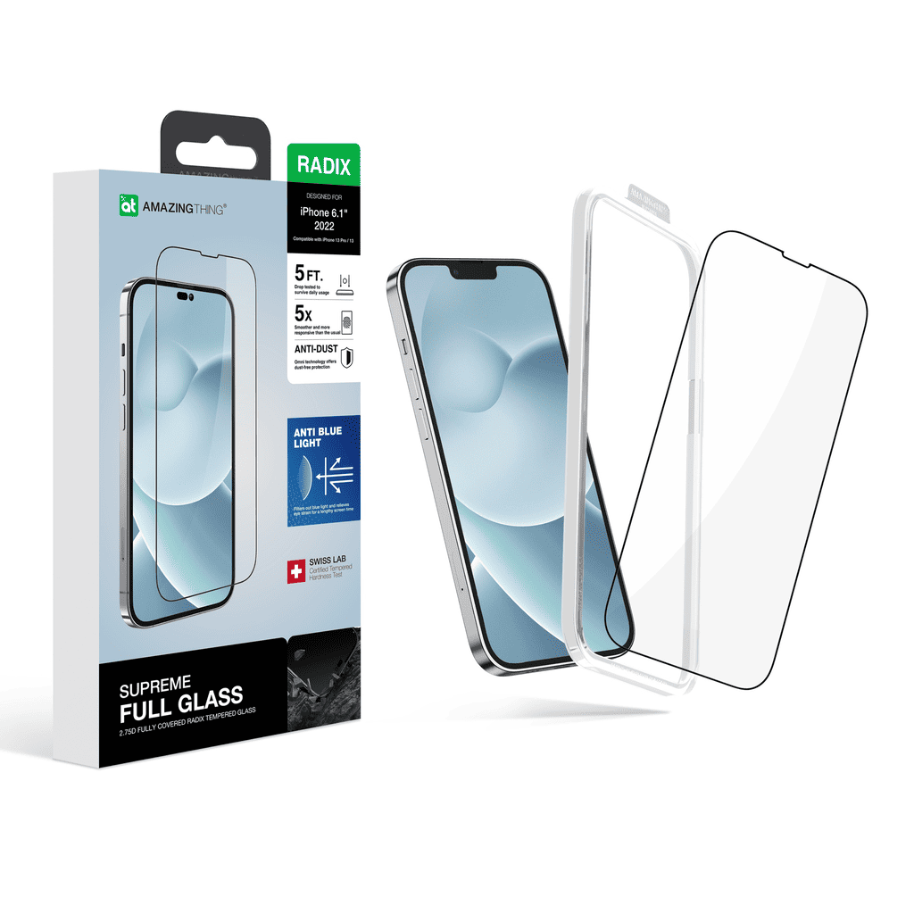 Supreme Full Glass screen protector packaging with a smartphone displaying the screen protector on a white background