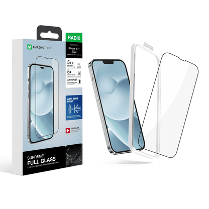 Supreme Full Glass screen protector packaging with a smartphone displaying the screen protector on a white background