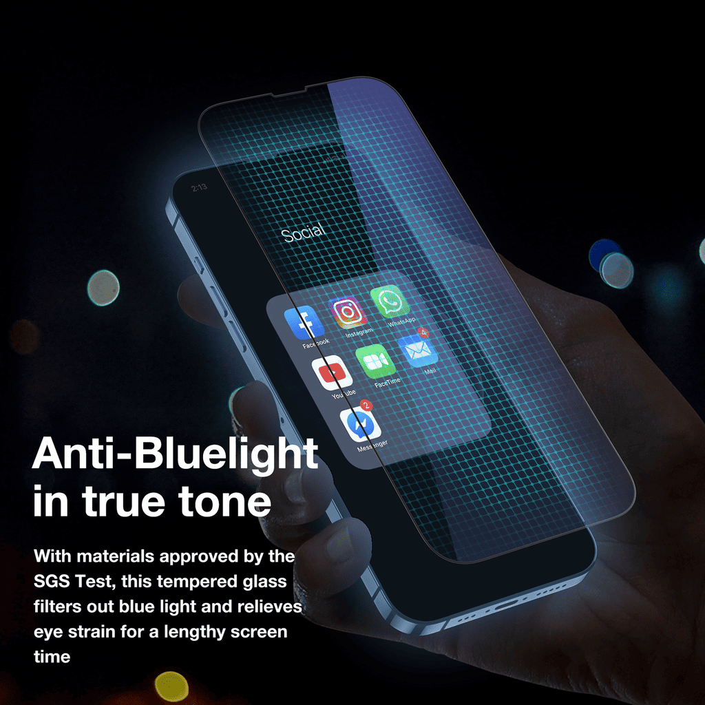 Smartphone with an anti-blue light screen protector held by a hand, with text about SGS approval.