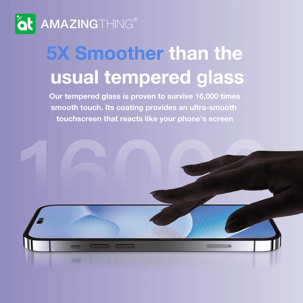 Advertisement for 'Amazing Thing' tempered glass with a hand touching a smartphone screen on a light purple background.