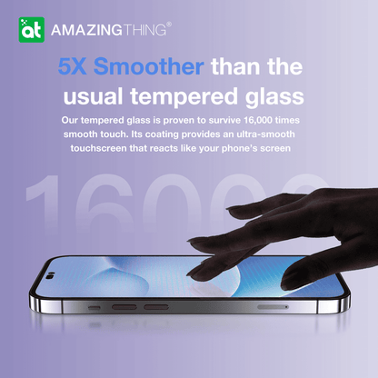 Advertisement for 'Amazing Thing' tempered glass with a hand touching a smartphone screen on a light purple background.