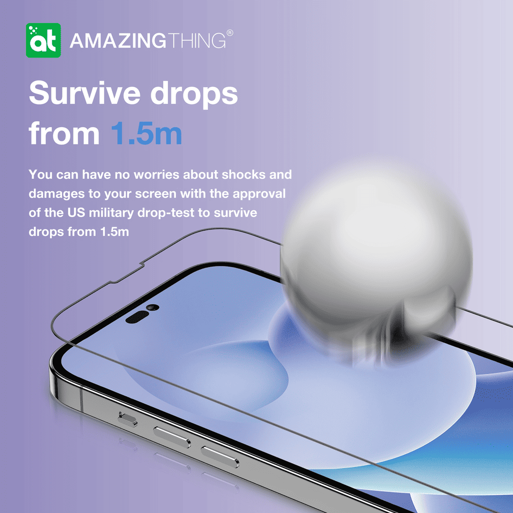Phone screen protector with a drop test demonstration on a purple background, featuring 'Amazing Thing' branding.