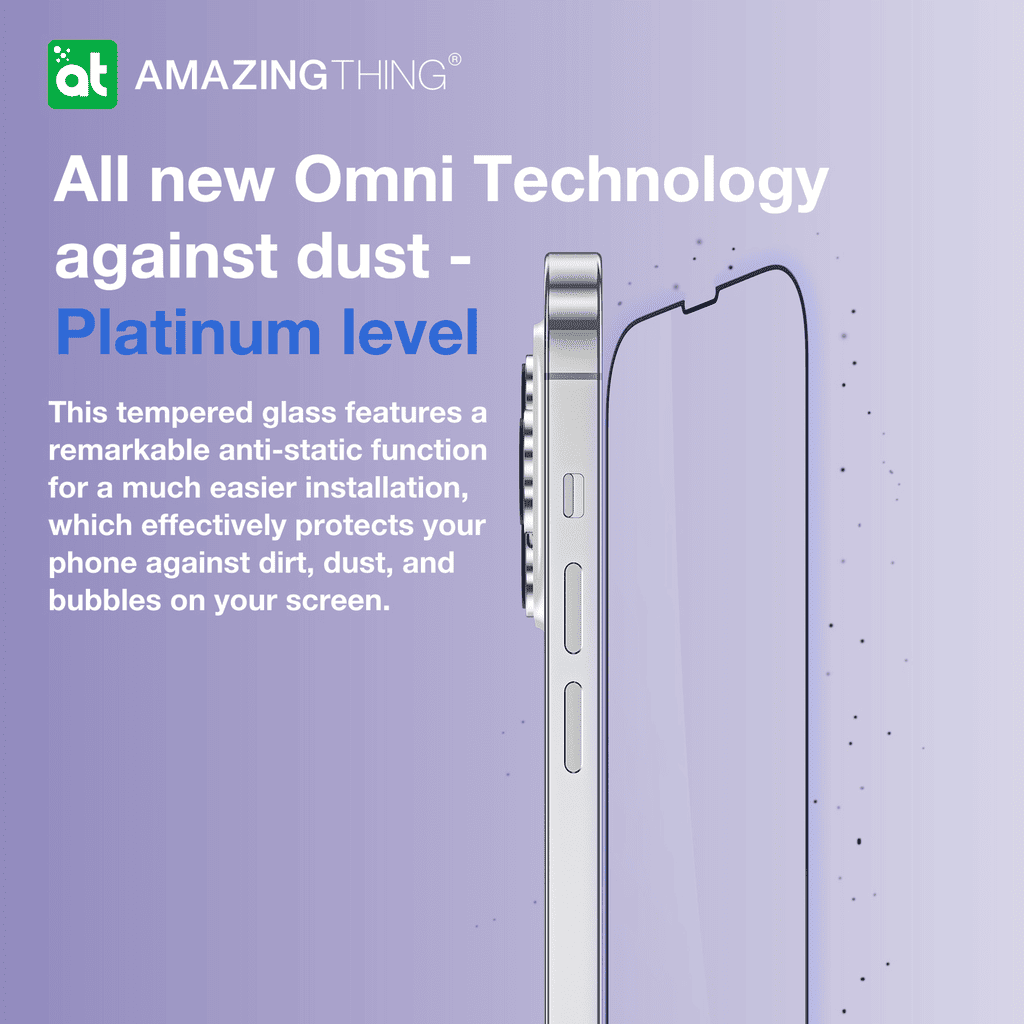 Phone screen protector with text about 'All new Omni Technology against dust' on a purple background