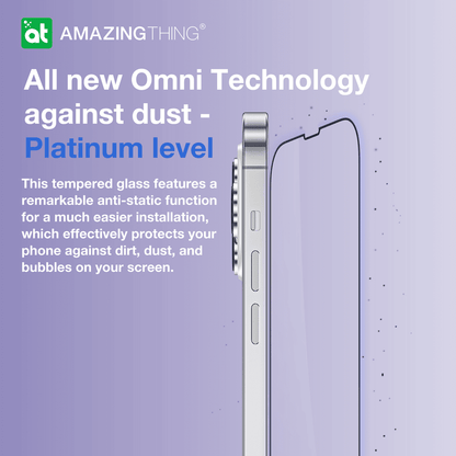 Phone screen protector with text about 'All new Omni Technology against dust' on a purple background