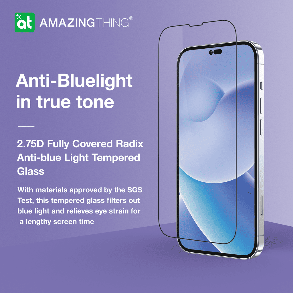 Screen protector with text about anti-blue light technology on a purple background