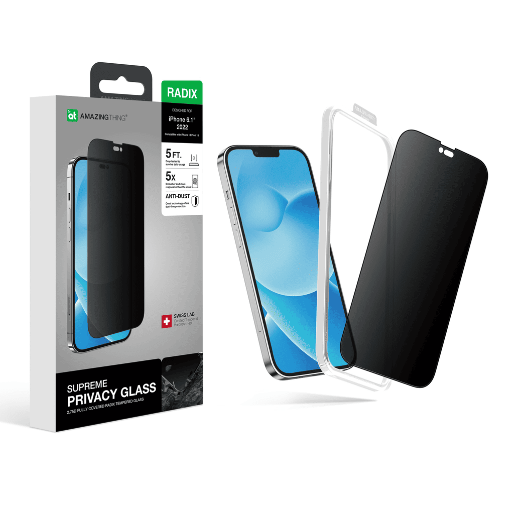 Supreme Privacy Glass packaging with a smartphone and screen protector on a white background