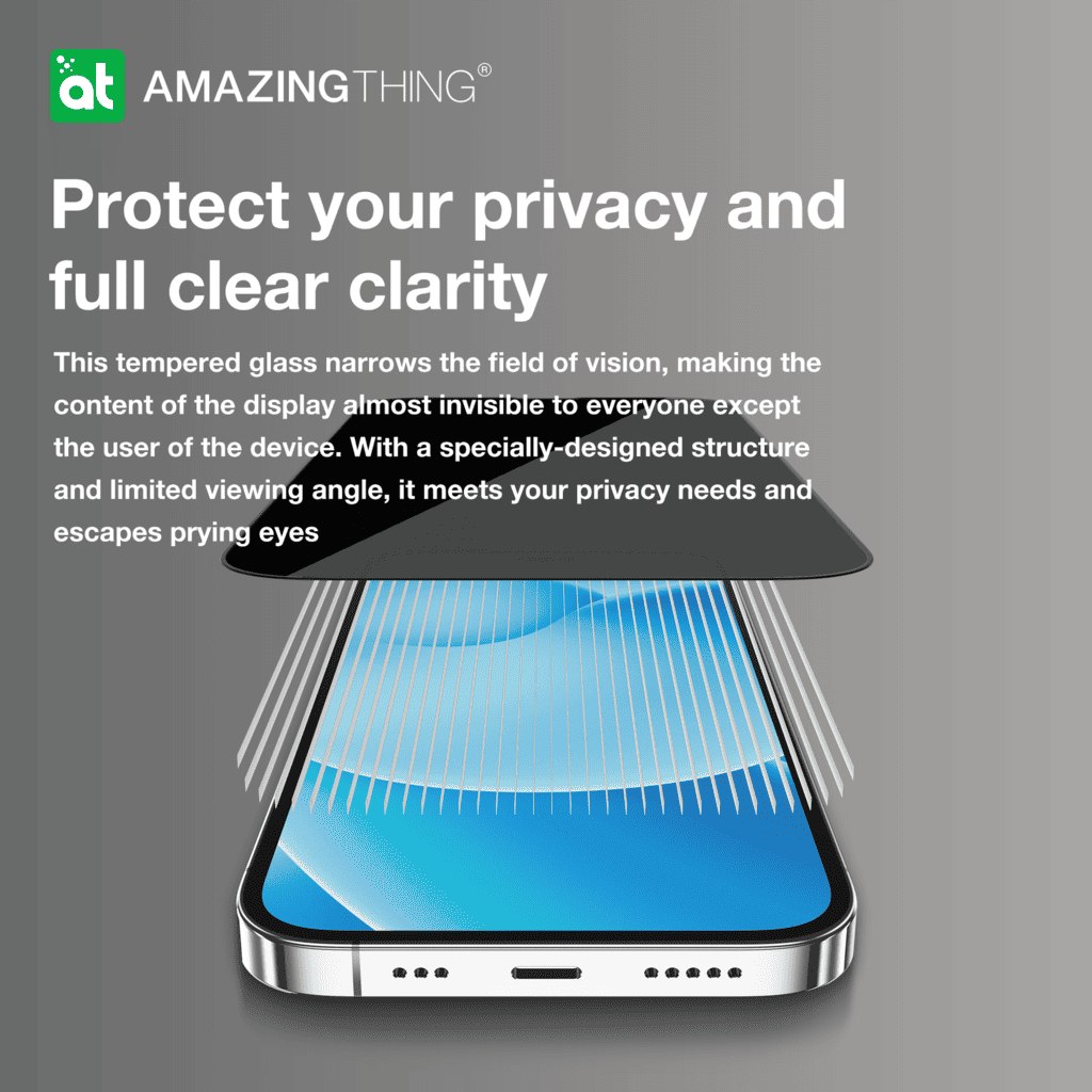 Phone screen protector with text about privacy and clarity, featuring the brand 'Amazing Thing'.