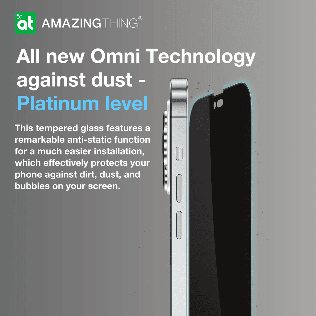Phone screen protector with 'Amazing Thing' branding and text about Omni Technology against dust.