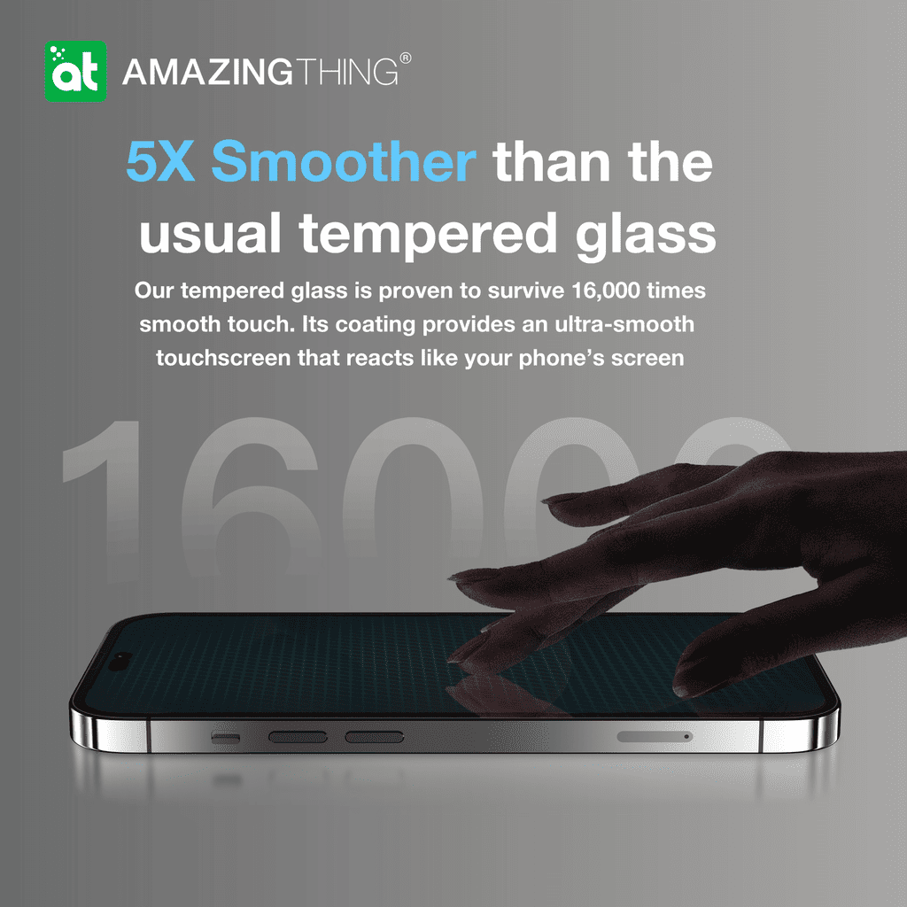 Advertisement for Amazing Thing tempered glass with a hand touching a smartphone screen.
