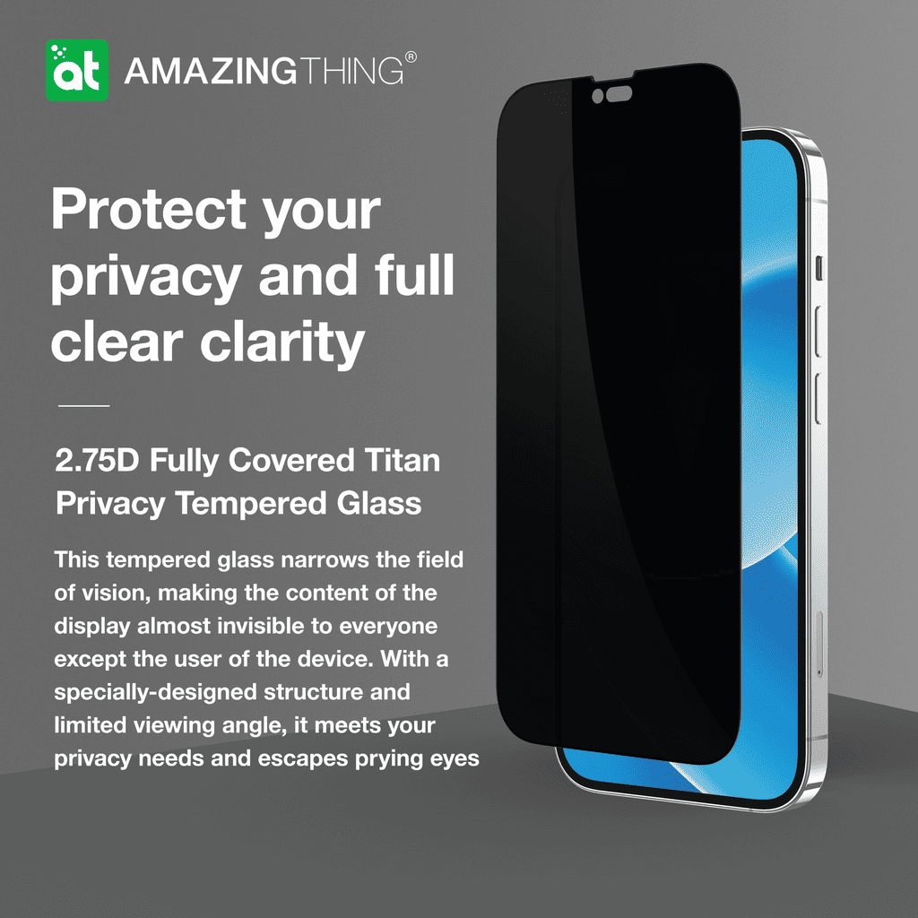 Phone with privacy glass on a gray background, featuring 'Amazing Thing' branding.