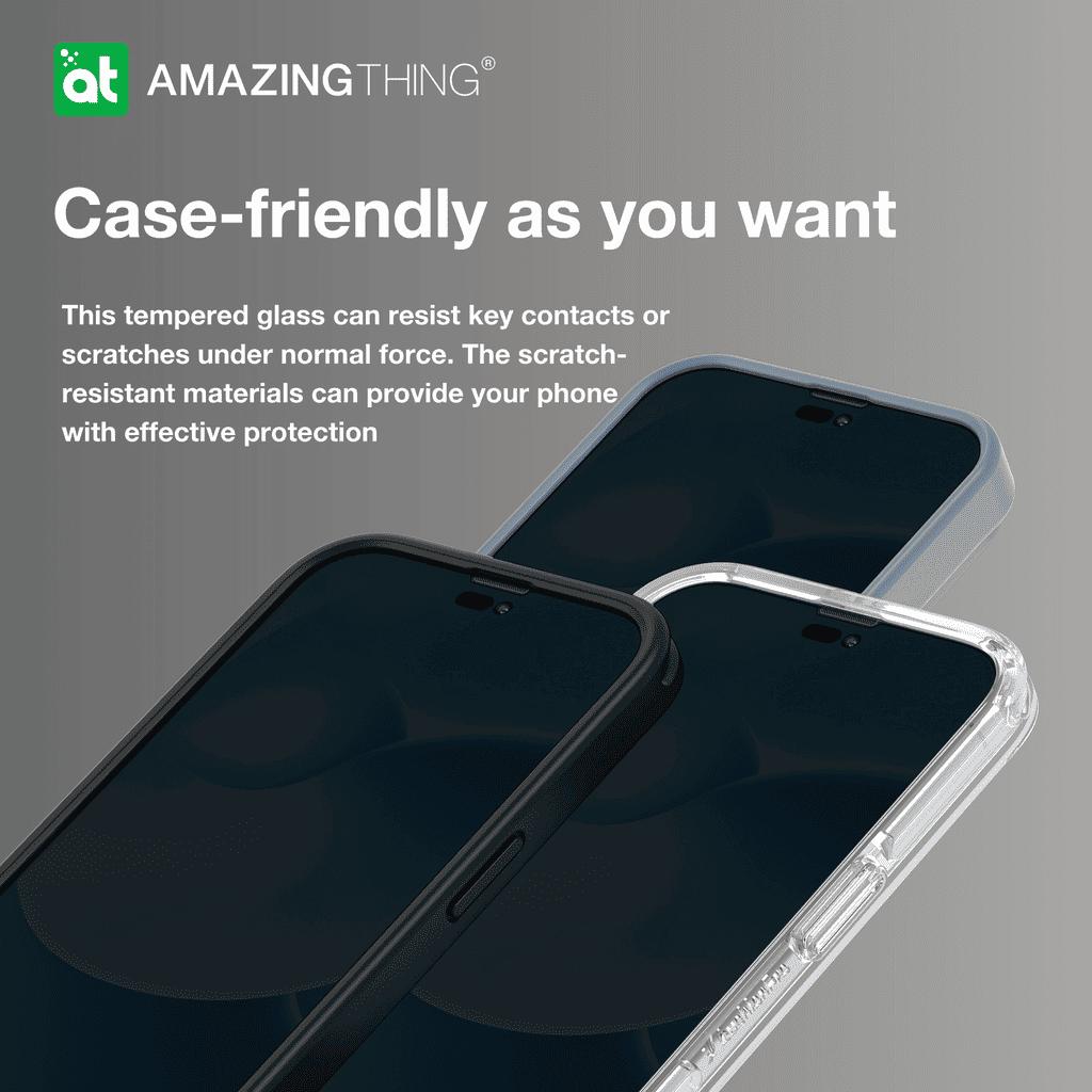 Phone cases with text about case-friendliness and scratch resistance on a gray background