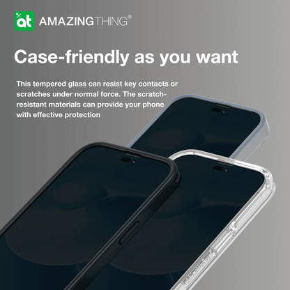 Phone cases with text about case-friendliness and scratch resistance on a gray background