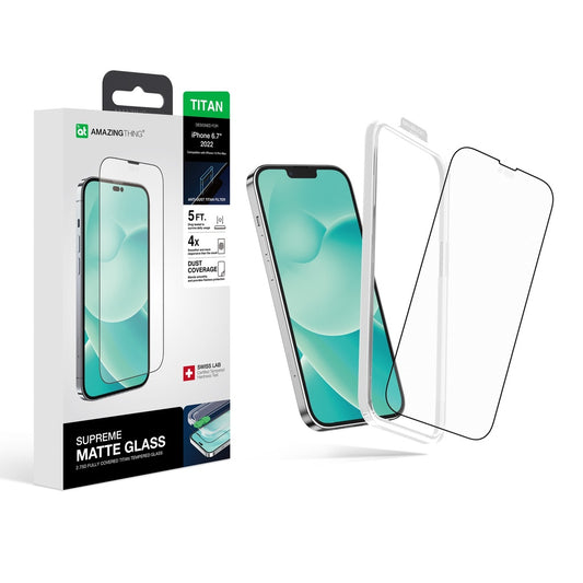 Supreme Matte Glass packaging with a smartphone and screen protector on a white background