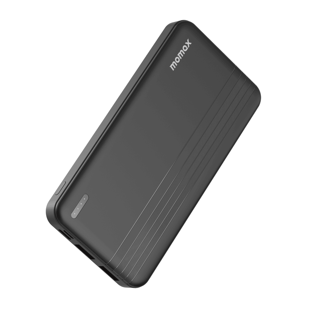 Black power bank with 'momax' branding on a transparent background