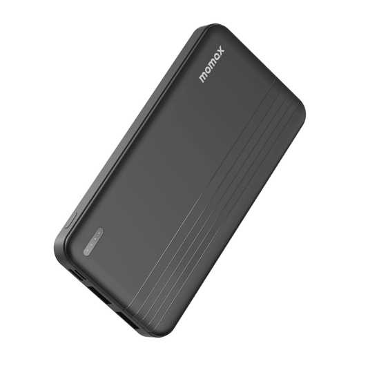 Black power bank with 'momax' branding on a transparent background