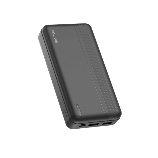 Black power bank with 'momax' branding on a transparent background
