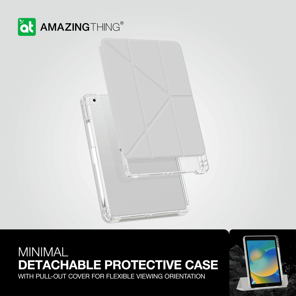 Minimal detachable protective case with pull-out cover for flexible viewing orientation on a white background.