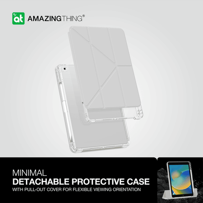 Minimal detachable protective case with pull-out cover for flexible viewing orientation on a white background.