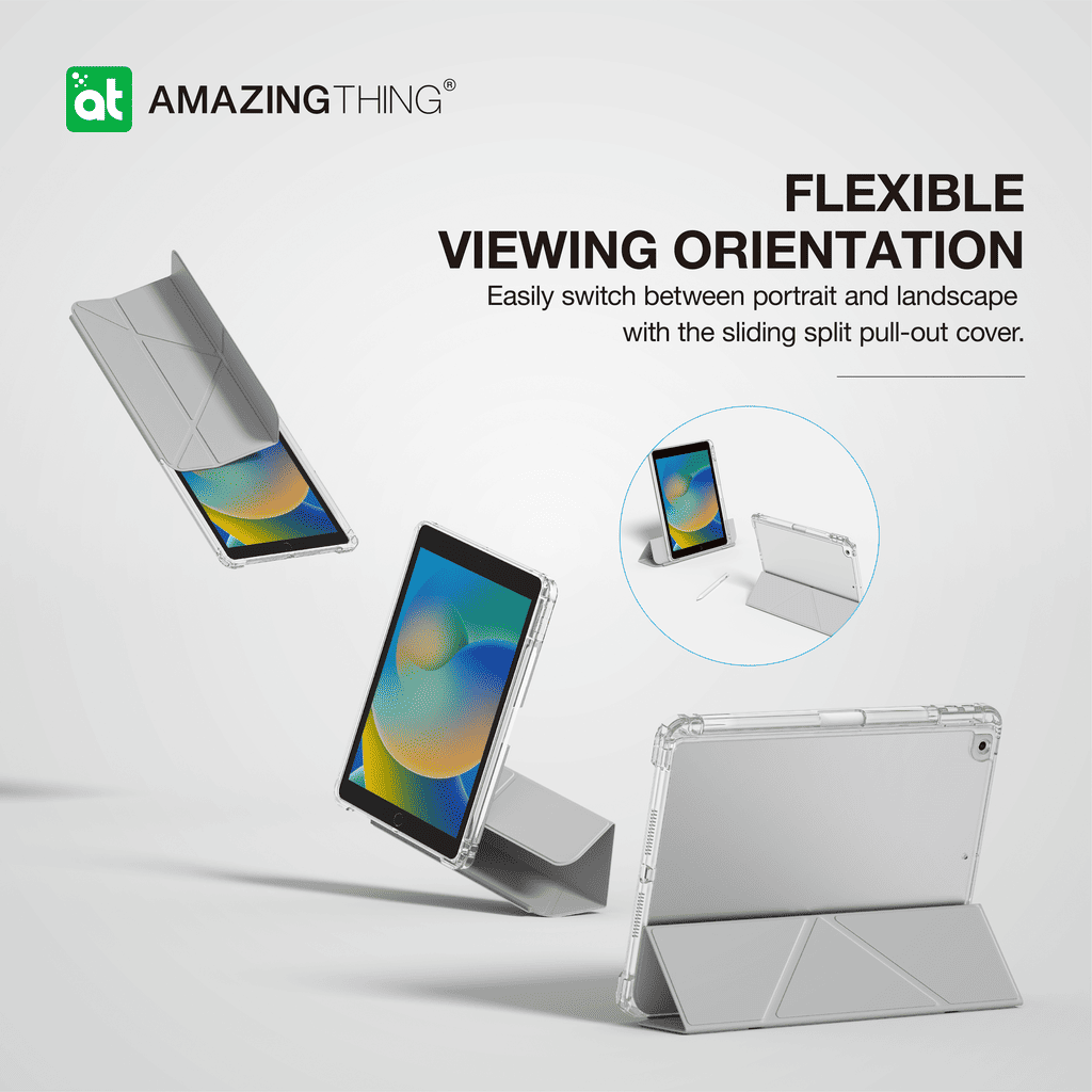 Tablet case with flexible viewing orientation feature on a white background