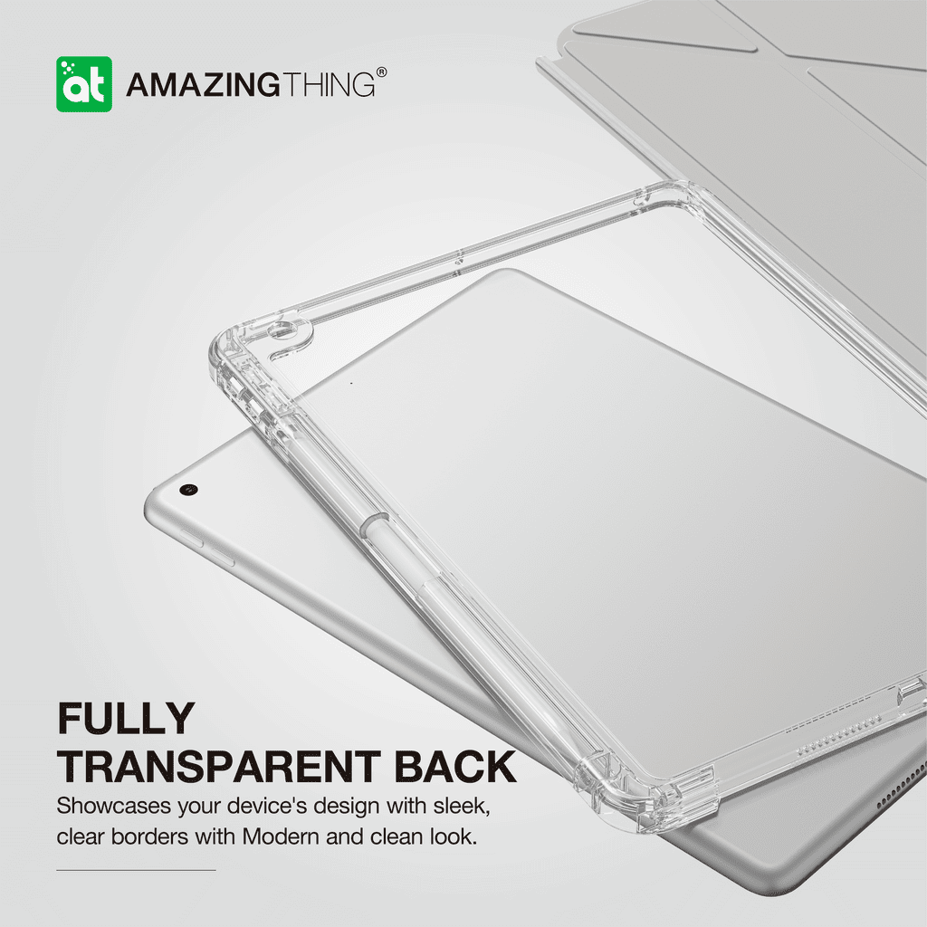 Transparent phone case with 'Amazing Thing' branding on a light gray background