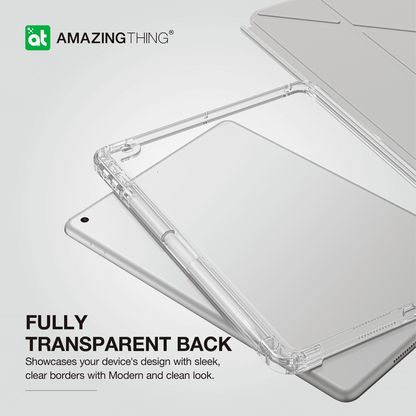 Transparent phone case with 'Amazing Thing' branding on a light gray background