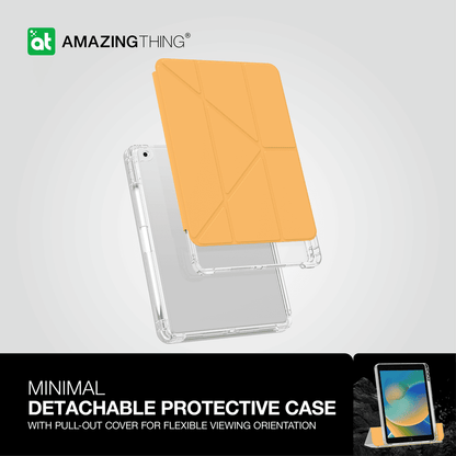 Minimal detachable protective case with pull-out cover for flexible viewing orientation on a white background.