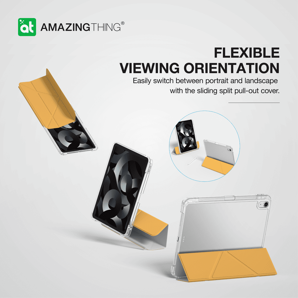 Tablet case with yellow interior and sliding cover, featuring the 'Amazing Thing' brand.