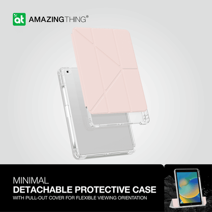 Minimal detachable protective case with pull-out cover for flexible viewing orientation, featuring the Amazing Thing logo.