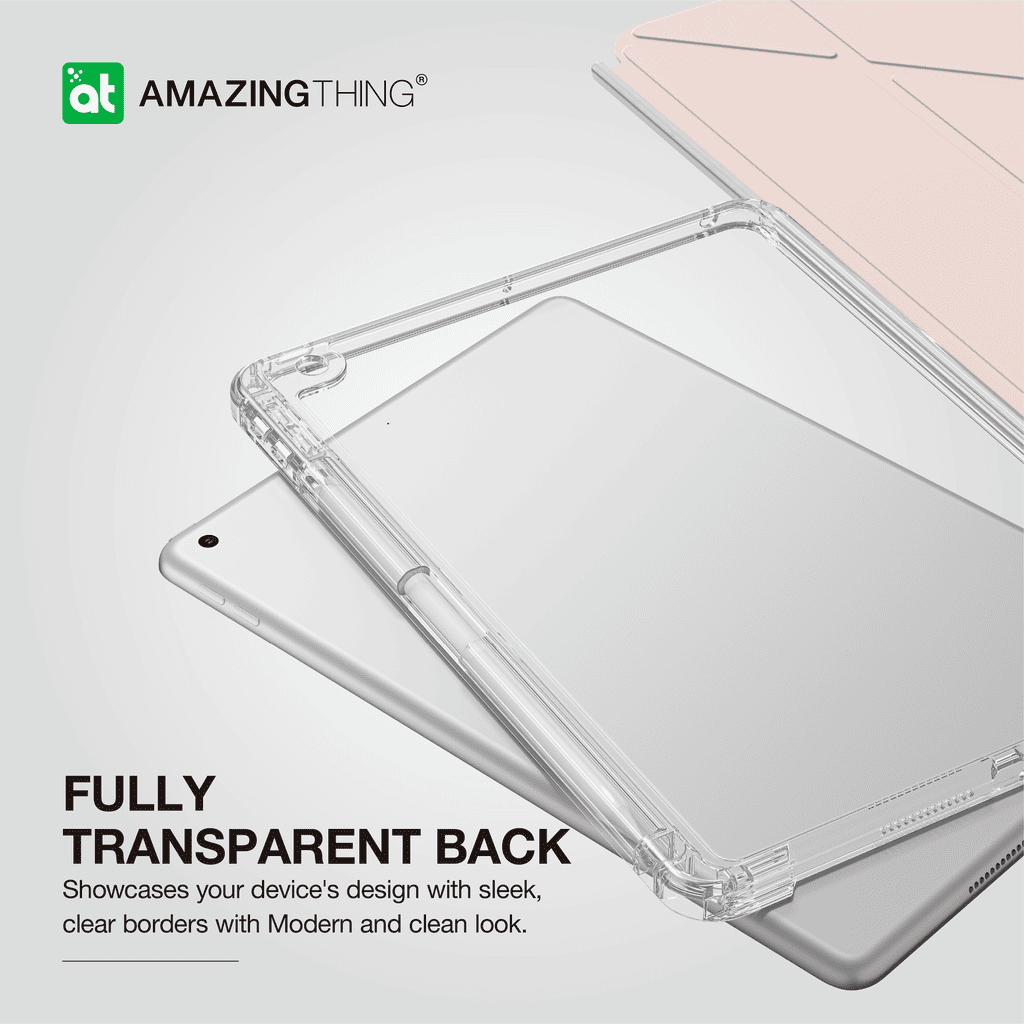 Transparent phone case with 'Amazing Thing' branding on a light gray background
