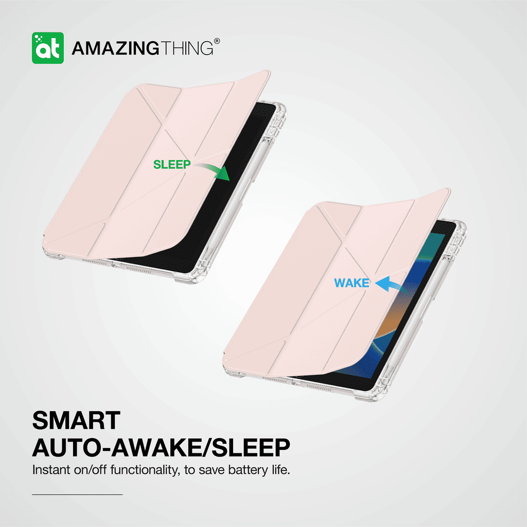 Smart phone case with 'Sleep' and 'Wake' features on a white background, featuring the Amazing Thing logo.