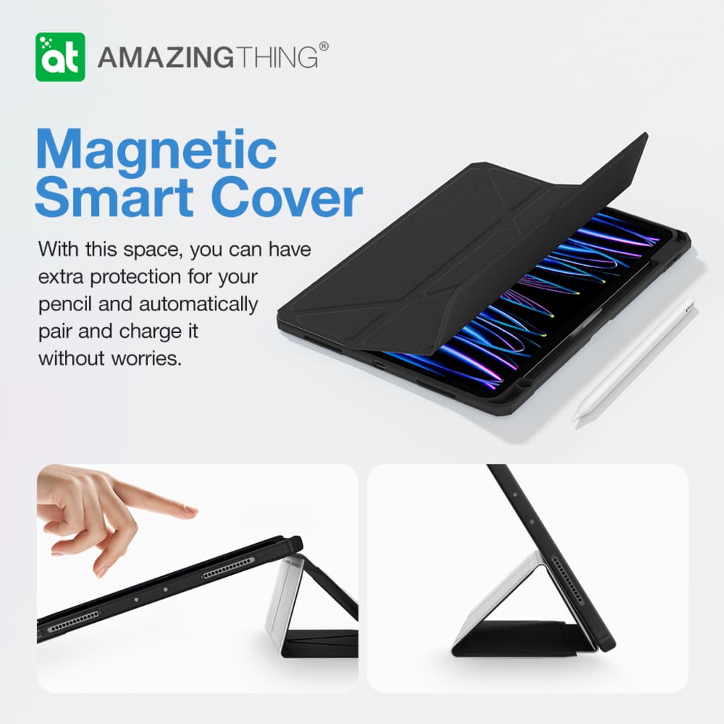 Magnetic smart cover for a tablet with 'Amazing Thing' branding, showing a hand interacting with the device.