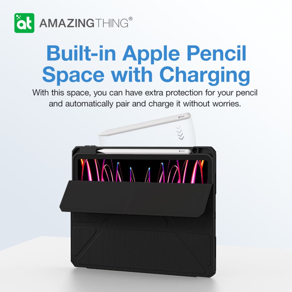 Black case with Apple Pencil space and charging feature on a white background, featuring 'Amazing Thing' branding.