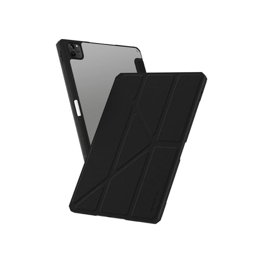 Black tablet case with a clear back on a white background