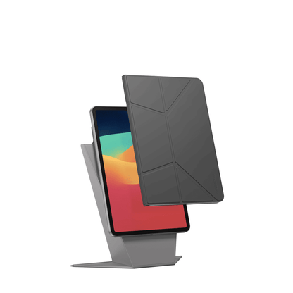 Tablet with a protective case on a stand against a white background