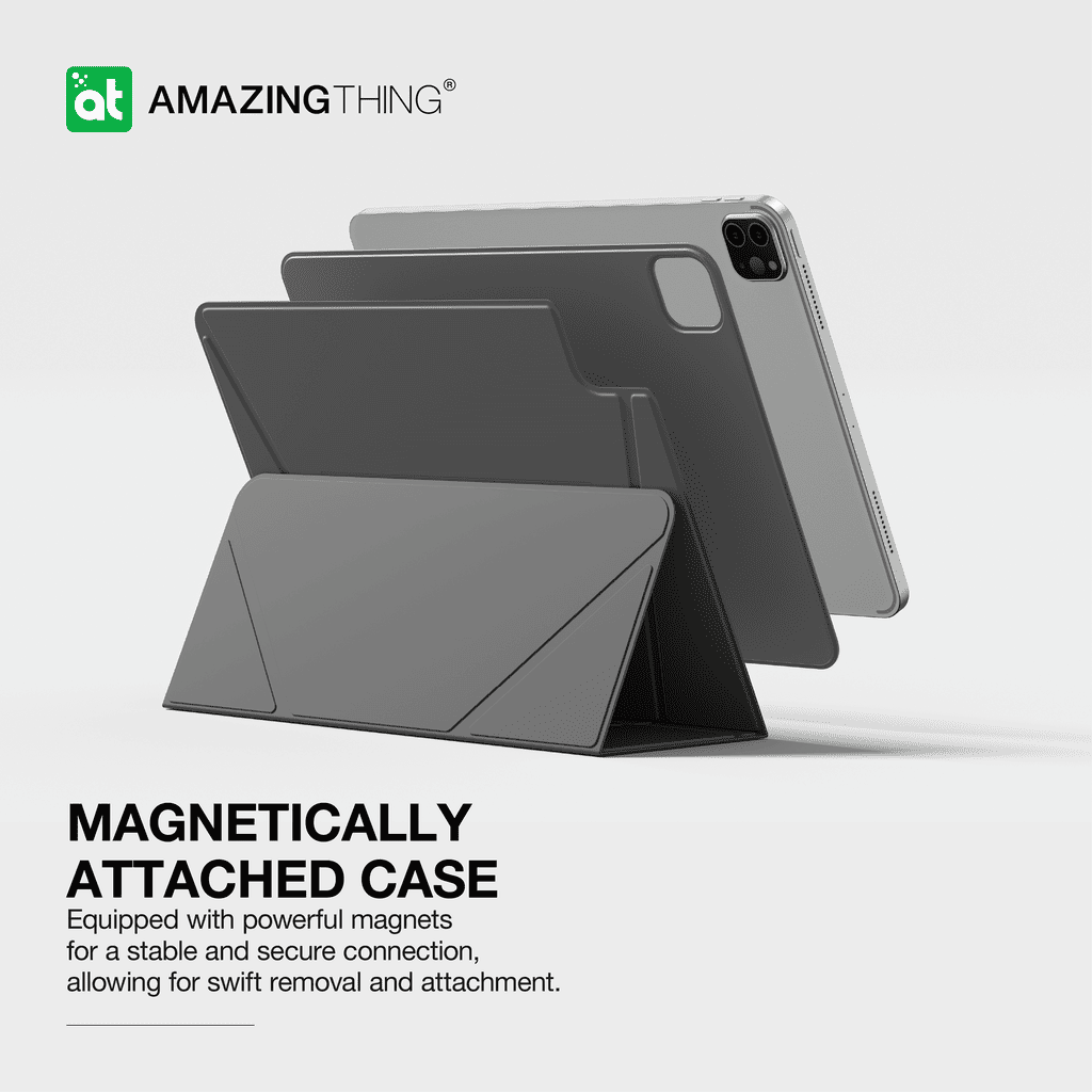 Gray magnetic case for a tablet with 'Amazing Thing' branding on a light gray background