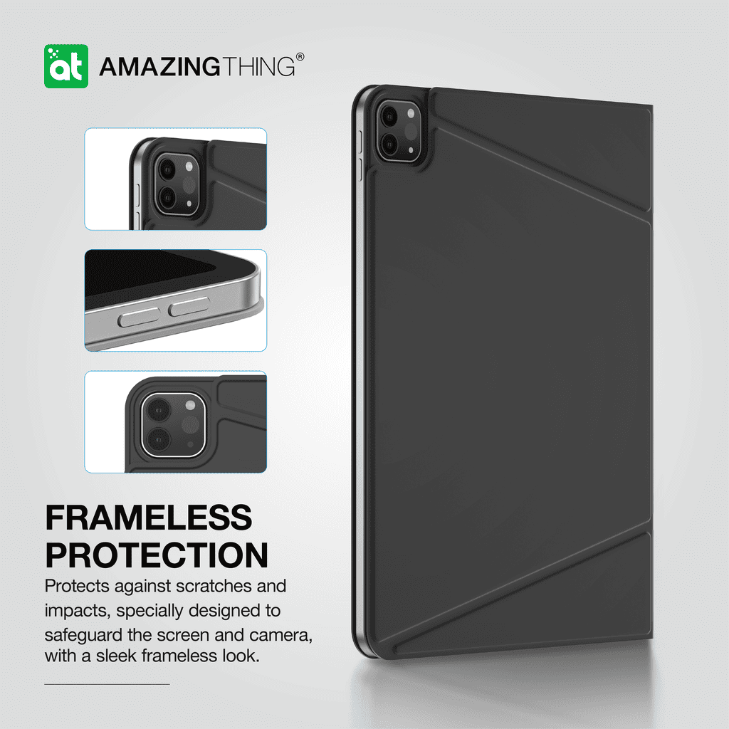 Black phone case with 'Amazing Thing' branding, showing frameless protection features.