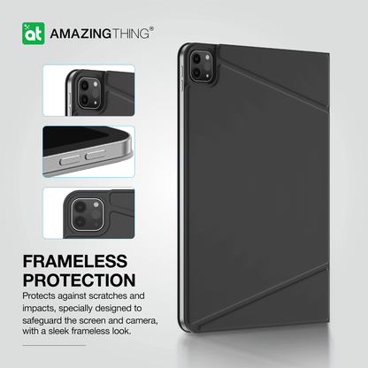 Black phone case with 'Amazing Thing' branding, showing frameless protection features.