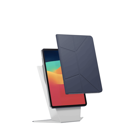 Tablet with a dark blue folio case on a white background