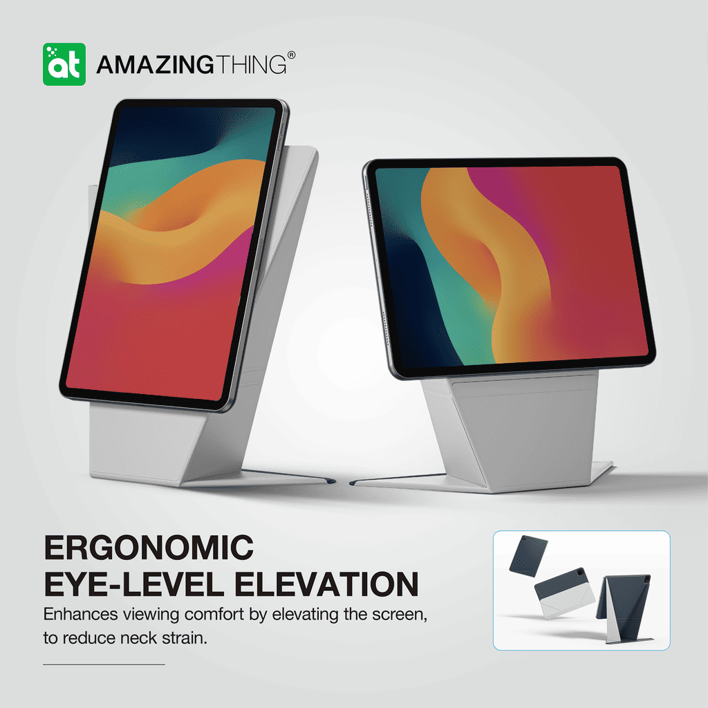 Two tablets on stands with colorful screens and 'Amazing Thing' branding on a light gray background.