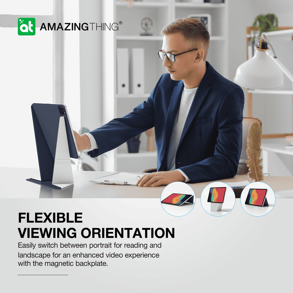 Man using a computer with a magnetic backplate in an office setting, featuring the 'Amazing Thing' brand.