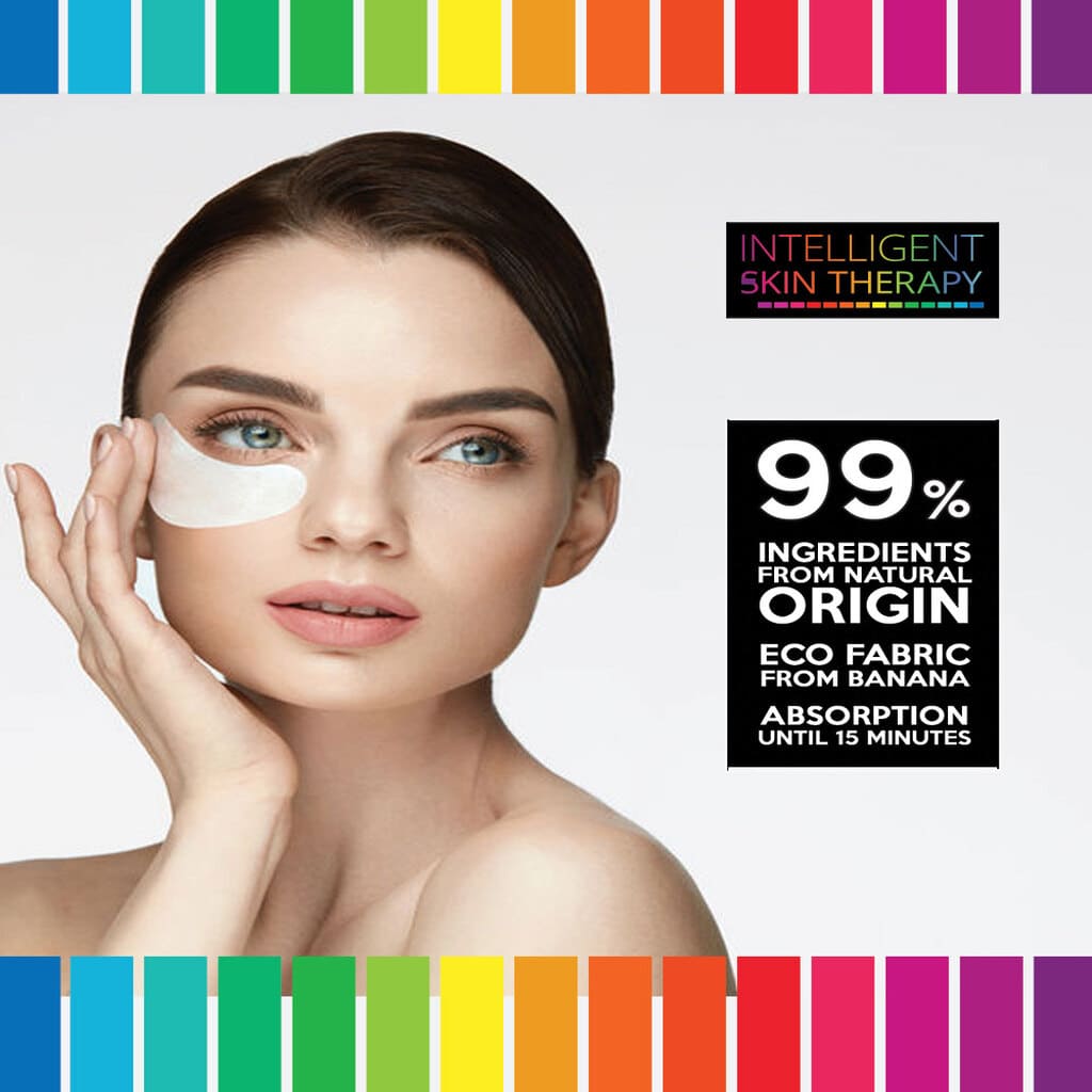 Woman applying a patch to her face with 'Intelligent Skin Therapy' branding and product features.